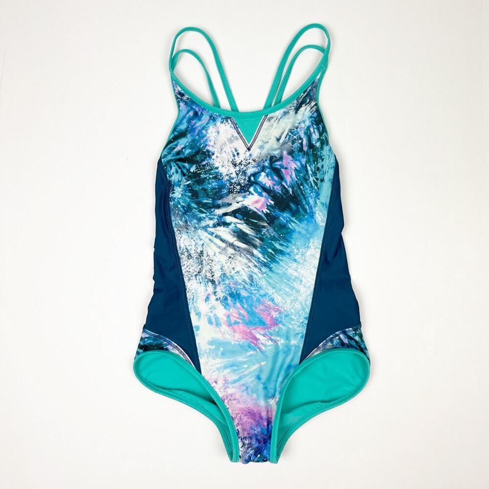 Ivivva Teal Navy Watercolor One Piece Swimsuit 8